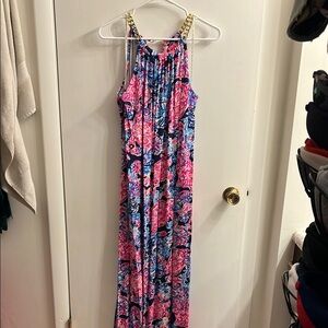 Lilly Pulitzer Blue and Pink Midi Dress with Tropical Print
